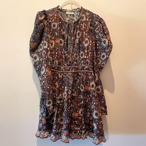 Ulla Johnson Willow Obsidian Floral Print Mini Dress Long Puffy Sleeves